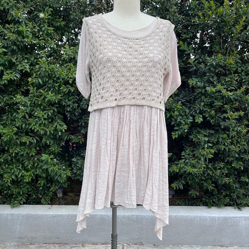 Selfie Couture Cotton Blend Crochet Overlay Tunic Dress M/L Blush Pink Cream